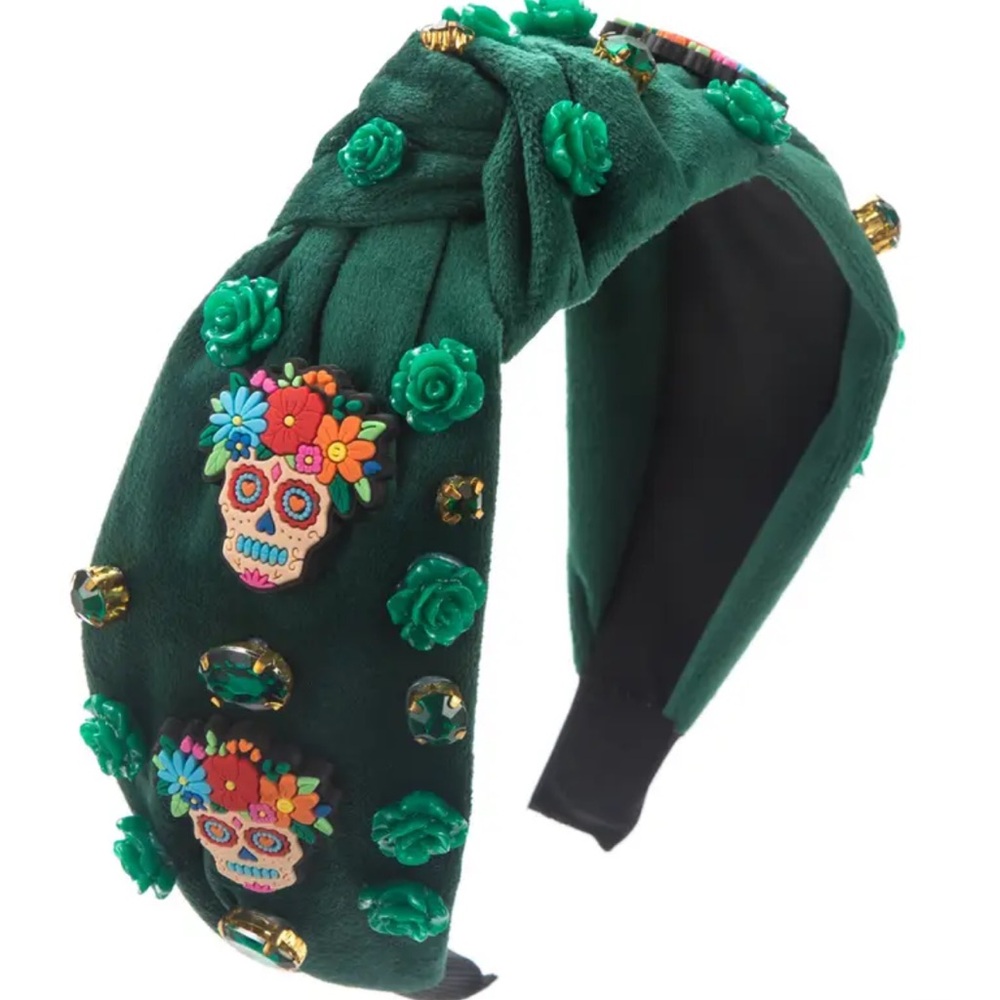 Green Sugar Skull Rhinestone Embellished Headband